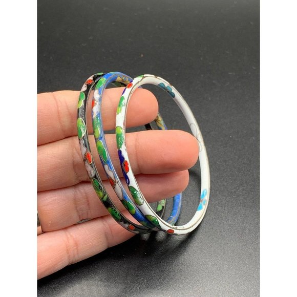Cloisonne bracelets set of 3 enameled bangles white black and blue - Picture 3 of 4